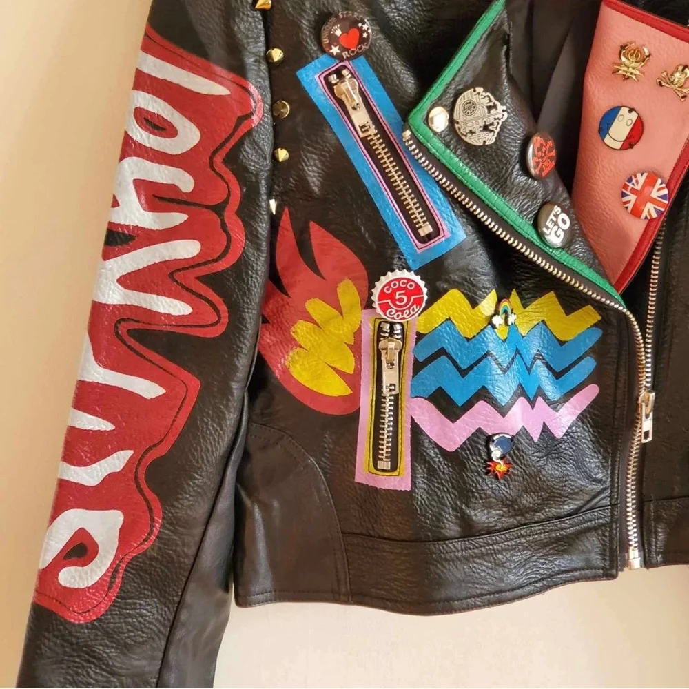 SX Honey Pot Black Faux Vegan Leather Jacket Slipknot Graffiti Punk Moto NWT XS - Picture 8 of 10